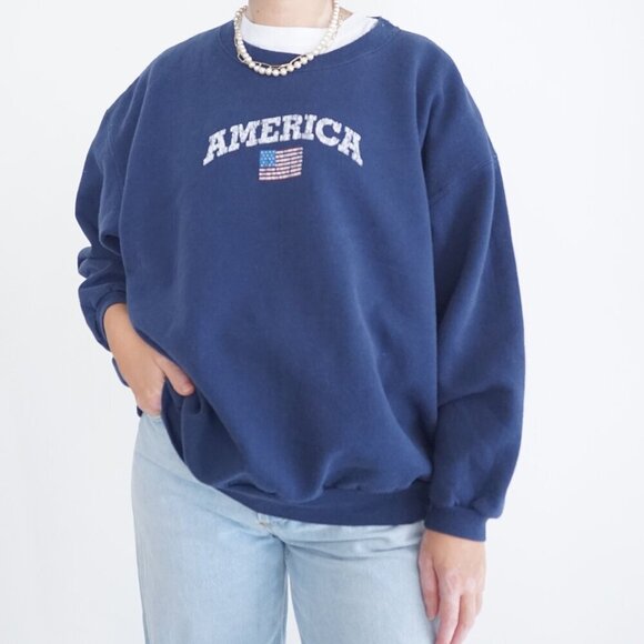 Endless Designs Navy Cotton America Print Patriotic Crewneck Sweater 2X - Picture 1 of 10
